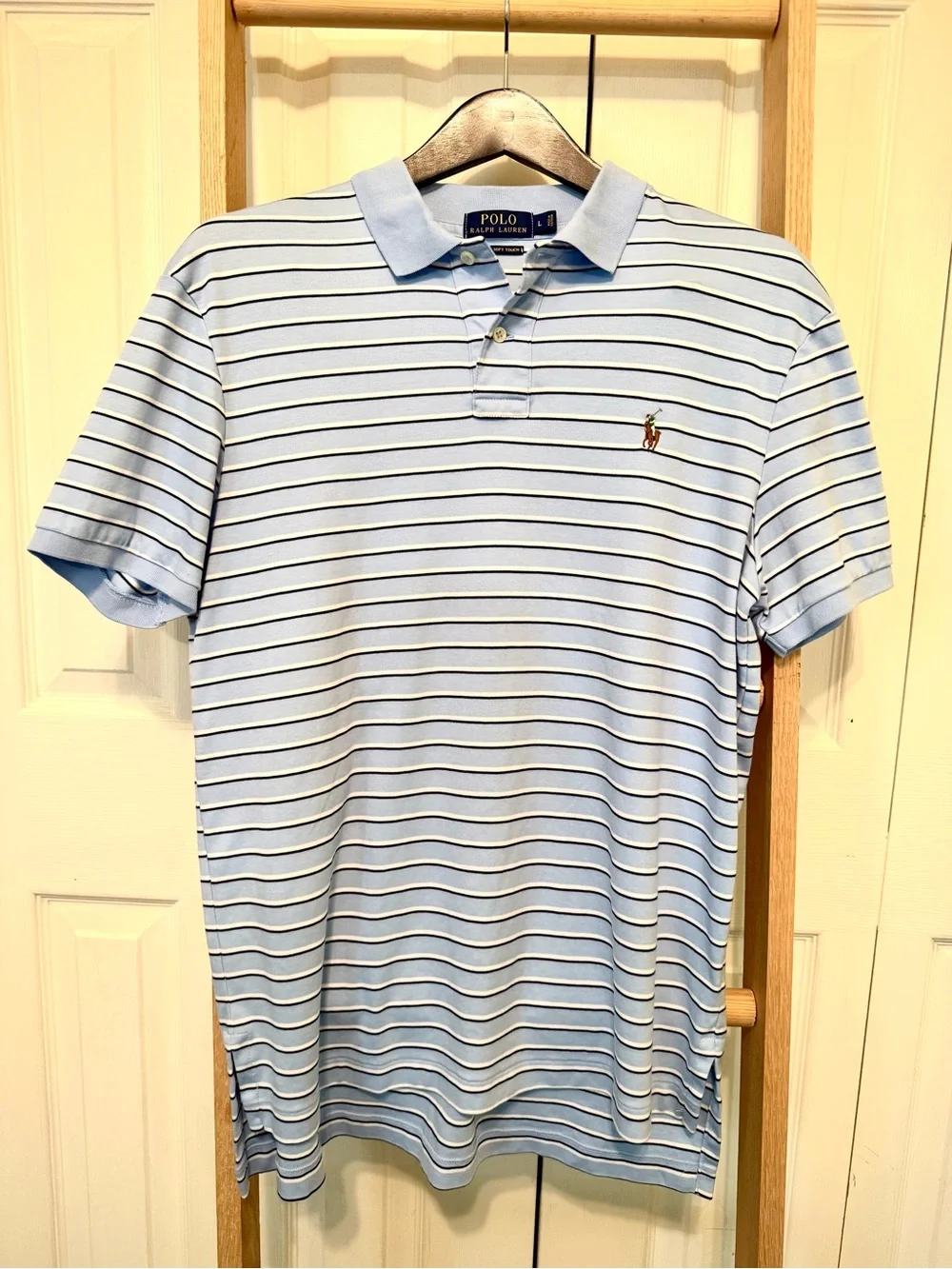 NWOT Polo by Ralph Lauren Pima Soft Touch Light Blue Polo Navy Stripes Sz: Large
